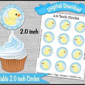 Rubber Ducky cupcake toppers / tags Baby boy shower Party 2.0 inch circles Rubber Duck cupcake picks Digital Diy printable INSTANT DOWNLOAD