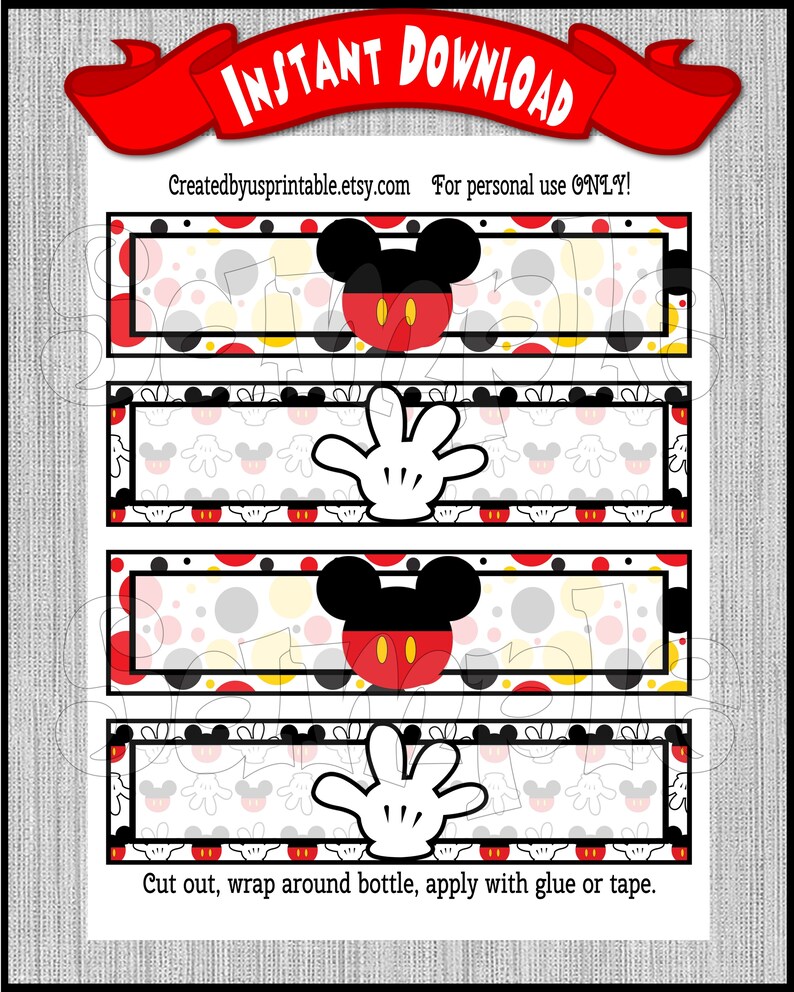 Może przedstawiać: Cztery drukowane etykiety z postacią Myszki Miki i jego charakterystyczną białą rękawicą. Etykiety są zaprojektowane do owinięcia wok&oacute;ł butelki i mają wz&oacute;r w czerwone, czarne, białe i ż&oacute;łte kropki.