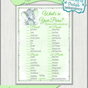 Elephant baby shower game Boy elephant What&#39;s in Your Purse Game cards Green Elephant baby boy shower game party idea Printable game Digital