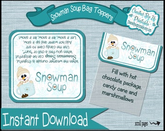 Adornos para bolsas de sopa de muñeco de nieve Adornos para bolsas de Navidad Adornos para bolsas de golosinas Adornos navideños imprimibles Recuerdo navideño de muñeco de nieve Descarga instantánea digital