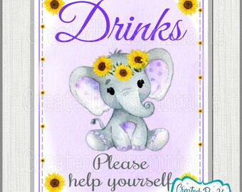 Baby Shower Drinks sign Purple Sunflower elephant Baby Girl shower Drinks sign Purple Elephant Drinks sign little peanut PRINTABLE BGSPE4