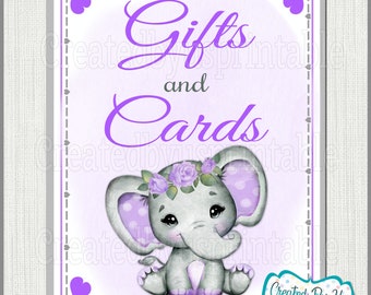 Baby Shower Gifts and cards sign Purple Floral elephant Baby Girl shower cards gifts sign Purple elephant sign little peanut DOWNLOAD BGFPE2
