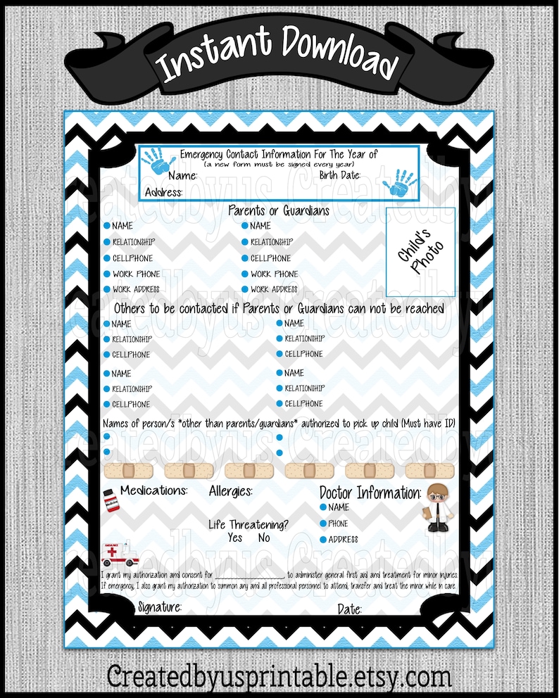 instant download daycare emergency contact form child care etsy