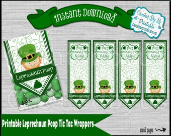 May include: A clear plastic container filled with green candies, labeled "Leprechaun Poop." The container has a leprechaun graphic and a green shamrock pattern. Includes printable St. Patrick's Day wrappers.
