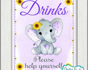 Baby Shower Drinks sign Purple Sunflower elephant Baby Girl shower Drinks sign Purple Elephant Drinks sign little peanut PRINTABLE BGSPE3
