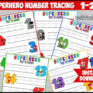 Superhero Number Writing Practice Preschool Numbers Practice Worksheets Kindergarten printable numbers 1-20 Trace Worksheet INSTANT DOWNLOAD