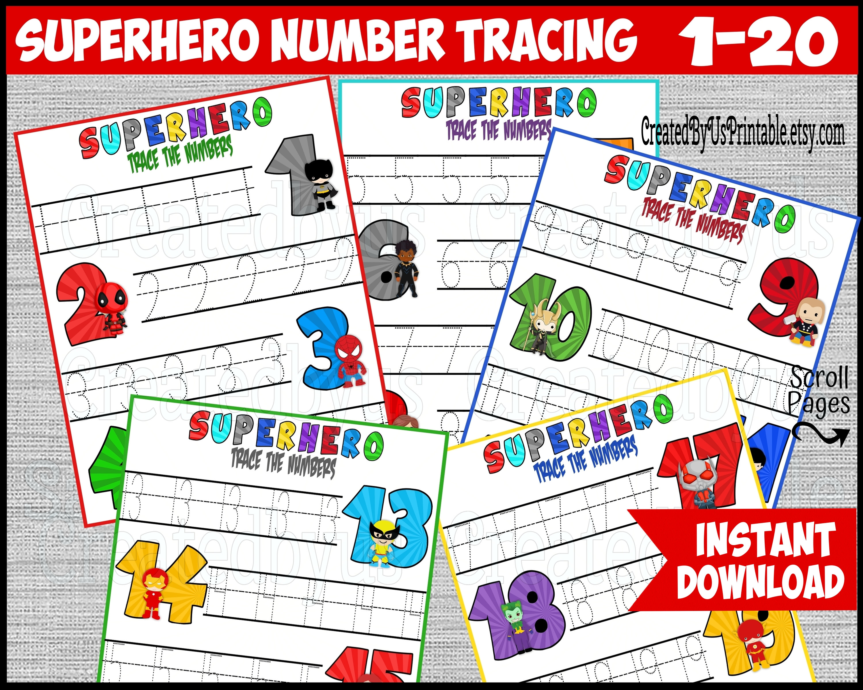 superhero number writing practice preschool numbers practice etsy