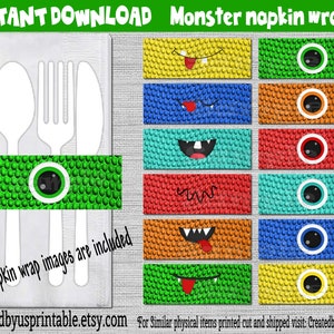 INSTANT DOWNLOAD Monster Napkin wraps Birthday Decoration Baby shower napkin band Lil Monster Paper napkin ring holder Digital Download Diy