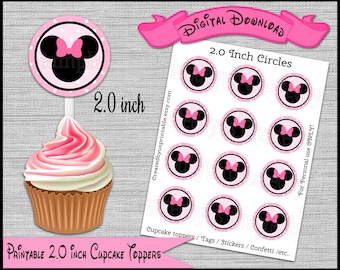 Minnie cupcake toppers Minnie Mouse Birthday Party Baby shower Minnie cake pink black 2.0 inch circle Digital Diy printable INSTANT DOWNLOAD