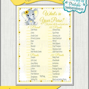 Elefant Baby Shower Spiel Mädchen Elefant Was in deiner Handtasche Spiel Gelb Sonnenblume Elefant Baby Mädchen Party Idee Printable Digital