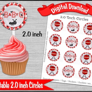 Baby Q cupcake topper Barbacoa baby shower Fiesta 2.0 pulgadas círculo cupcake picks tags Red bbq topper Digital Diy imprimible DESCARGA INSTANTÁNEA