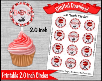 Baby Q cupcake topper Barbecue baby shower Party 2.0 inch circle cupcake picks tags Red bbq topper Digital Diy printable INSTANT DOWNLOAD