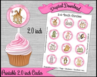 Noah's Ark cupcake toppers / tags Girl Twins baby shower Party 2.0 inch circles Pink cupcake picks Digital Diy printable INSTANT DOWNLOAD