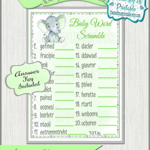 Elephant baby shower game Boy elephant Baby Word Scramble Game cards Green Elephant baby boy shower game party ideas Printable game Digital