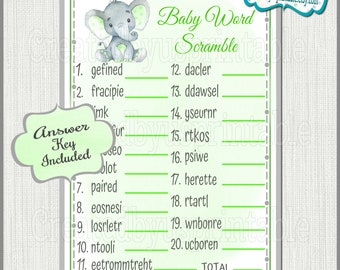Elephant baby shower game Boy elephant Baby Word Scramble Game cards Green Elephant baby boy shower game party ideas Printable game Digital