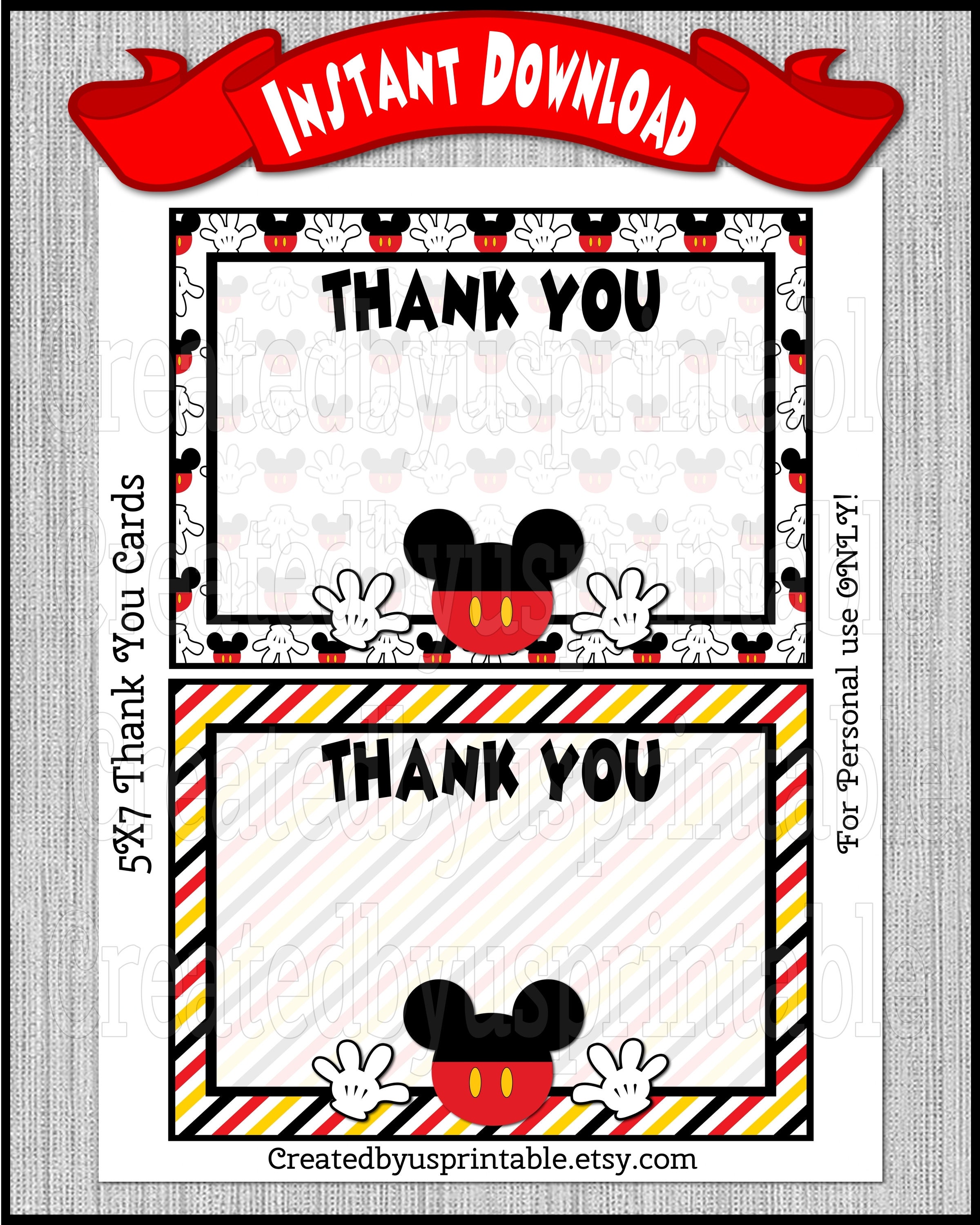 INSTANT DOWNLOAD 5x7 Mickey Mouse Thank You Card Birthday Party Mickey ...