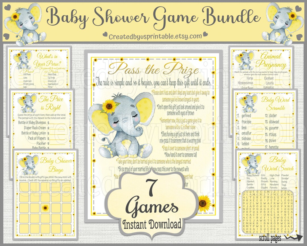 Elephant Baby Shower Game Printable Game Bundle Package Yellow Sleeping ...