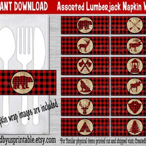 INSTANT DOWNLOAD Lumberjack Napkin wraps Birthday Decorations Woodland Baby shower napkin band Paper napkin ring holder Digital Download Diy