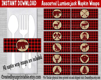 INSTANT DOWNLOAD Lumberjack Napkin wraps Birthday Decorations Woodland Baby shower napkin band Paper napkin ring holder Digital Download Diy