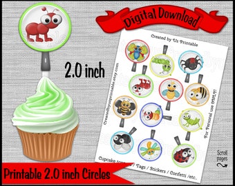 Insect cupcake toppers Bug birthday party Party 2.0 inch cupcake pick Dirt and Bugs Party Bug cupcake Digital Diy printable INSTANT DOWNLOAD