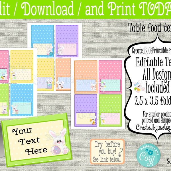 INSTANT DOWNLOAD Easter food tent card EDITABLE Easter Bunny place cards Holiday Table food cards Food tent label Digital Download Diy Corjl