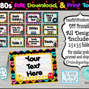 INSTANT DOWNLOAD 80s food tent cards EDITABLE Retro place cards I Love 80s Birthday Table food Labels decorations Digital Download Diy Corjl