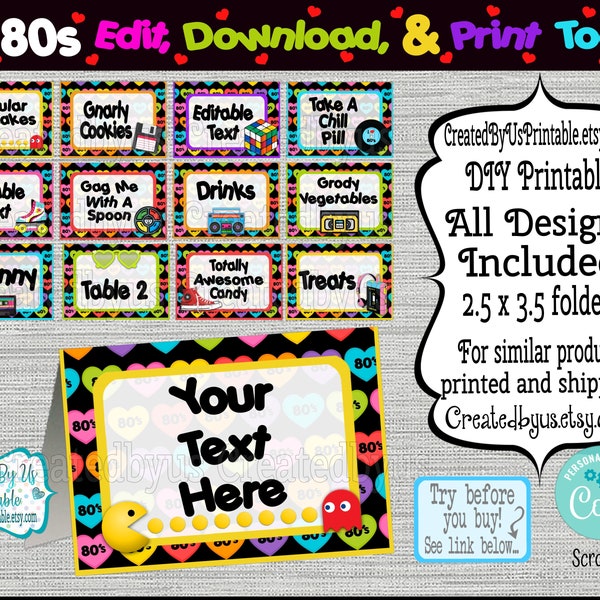 INSTANT DOWNLOAD 80s food tent cards EDITABLE Retro place cards I Love 80s Birthday Table food Labels decorations Digital Download Diy Corjl