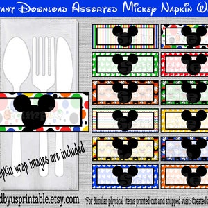 May include: Assorted Mickey Mouse napkin wraps with various colorful designs. The image includes a sample napkin wrap with a black Mickey Mouse silhouette and the word "Sample". The text "Instant Download Assorted Mickey Napkin Wraps" is at the top.