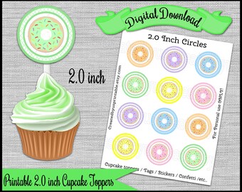 Donut cupcake toppers Donut birthday party Party 2.0 inch cupcake picks Doughnut baby shower cake top Digital Diy printable INSTANT DOWNLOAD