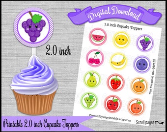 Tutti Frutti cupcake toppers Two fruitti Birthday Party Fruit  2.0 inch cupcake picks Twotti frutti Digital Diy printable INSTANT DOWNLOAD