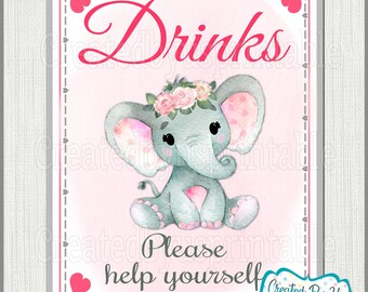 Baby Shower Drinks sign Pink Floral elephant Baby Girl shower Drinks sign Pink elephant Drinks sign little peanut PRINTABLE sign BGFPE1