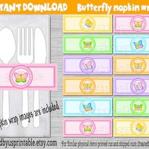 INSTANT DOWNLOAD Butterfly Napkin wraps Birthday Decorations Spring Baby shower napkin bands Paper napkin ring holder Digital Download Diy