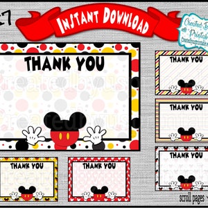 INSTANT DOWNLOAD 5x7 Mickey Mouse thank you card Birthday party Mickey Baby shower thank you Printable Blank thank You card Digital Download