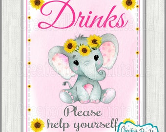 Baby Shower Drinks sign Pink Sunflower elephant Baby Girl shower Drinks sign Pink elephant Drinks sign little peanut PRINTABLE BGSPE2