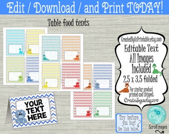 INSTANT DOWNLOAD Dinosaur food tent cards EDITABLE Baby Dinosaur place cards Baby Shower Table food Labels decor Digital Download Diy Corjl