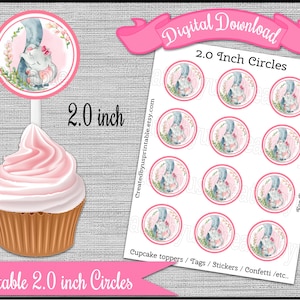 Mommy and Baby Elephant cupcake toppers Baby Girl elephant baby shower 2.0 inch Elephant circle picks Digital printable INSTANT DOWNLOAD