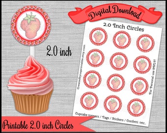 Strawberry Cupcake Toppers / tags Fruit Birthday Party 2.0 inch circle cupcake pick Canning jar label Digital Diy printable INSTANT DOWNLOAD