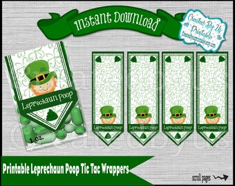 May include: A St. Patrick's Day-themed design featuring a clear plastic container of green candies labeled "Leprechaun Poop." The design includes a leprechaun graphic, shamrocks, and the text "Instant Download" and "Printable Leprechaun Poop Tic Tac Wrappers."
