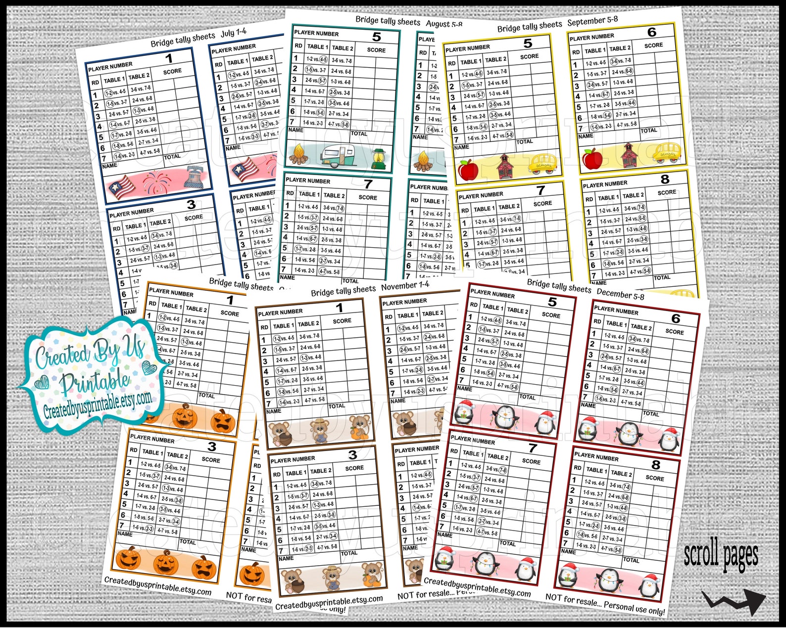 Bridge Tally Cards Bridge Tally Sheets Month Themed Bridge Game ...