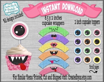 INSTANT DOWNLOAD Monster cupcake wrappers Monster Birthday party decorations Girl Monster Printable cupcake toppers Digital Download Diy