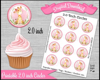 Watercolor Giraffe cupcake toppers birthday party Zoo 2.0 inch circle picks Baby girl giraffe baby shower Digital printable INSTANT DOWNLOAD