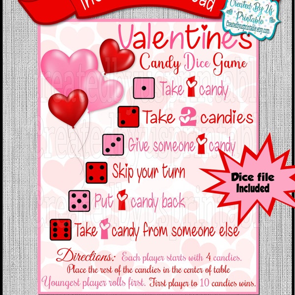 Valentine Candy Dice Game Valentine Party Games for Kids and Adults Candy Game School Valentine game Family Fun Activity Instant Download