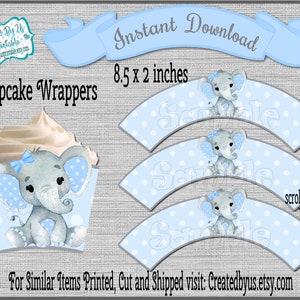 INSTANT DOWNLOAD Baby girl elephant cupcake wrappers baby shower decorations Blue Girl baby elephant cupcake wrap Printable Digital Download