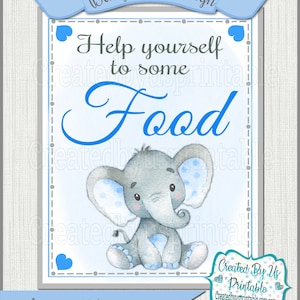 May include: A baby shower sign with a light blue banner that reads "Baby Shower Sign". The sign features a watercolor illustration of a gray elephant with blue polka dots. Text on the sign says "Help yourself to some Food".