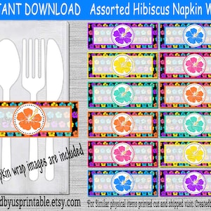 INSTANT DOWNLOAD Hibiscus Napkin wraps Birthday Decorations Hawaiian Baby shower napkin bands Paper napkin ring holders Digital Download Diy