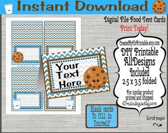 May include: Digital file food tent cards with a blue and brown chevron pattern. The cards feature a cookie and milk graphic, with space to add text. The text "Your Text Here" is displayed on one card. The cards are 2.5 x 3.5 inches when folded.