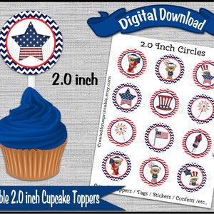 4th of July Cupcake Toppers July Fourth birthday party Party 2 inch circle Independence day party Digital Diy printable INSTANT DOWNLOAD