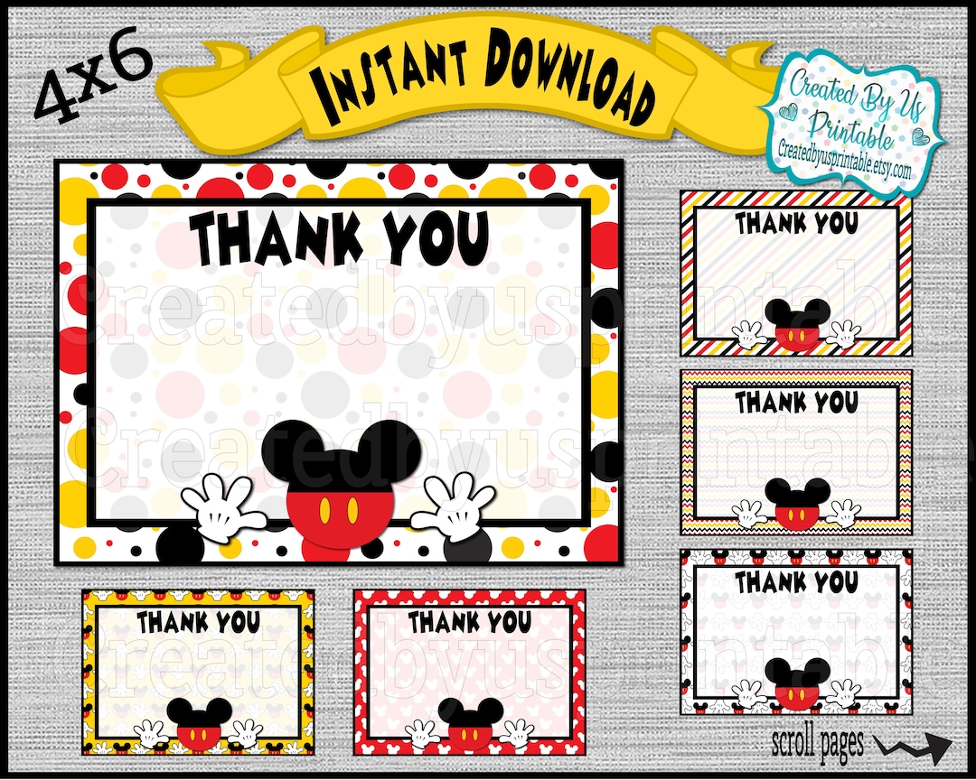INSTANT DOWNLOAD 4x6 Mickey Mouse Thank You Card Birthday Party Mickey ...