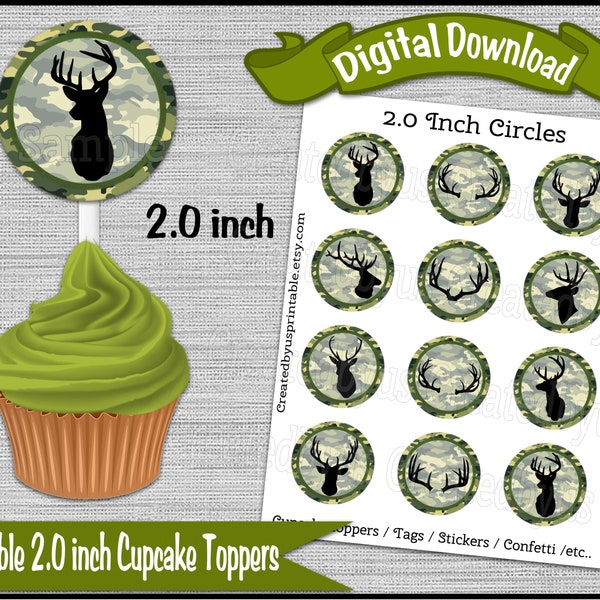 Deer camouflage cupcake toppers Hunter Birthday Party Cup cake picks 2 inch Wilderness Deer antlers Digital Diy printable INSTANT DOWNLOAD