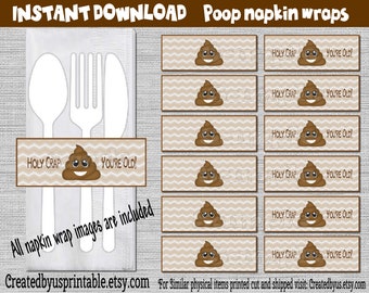 INSTANT DOWNLOAD Poop napkin wrappers Birthday party decorations Holy crap you're old napkin wraps paper napkin bands Digital Download Diy